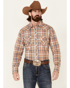 Wrangler Retro Men's Bran Plaid Long Sleeve Snap Western Shirt , Brown, hi-res