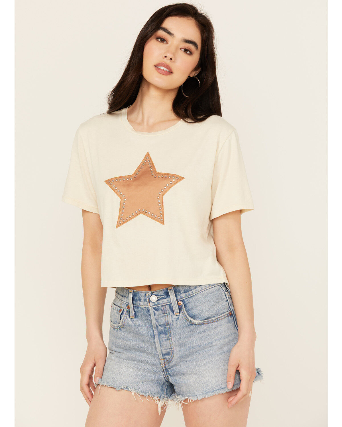 Image #1 - Rock & Roll Denim Women's Studded Star Short Sleeve Graphic Tee, Cream, hi-res