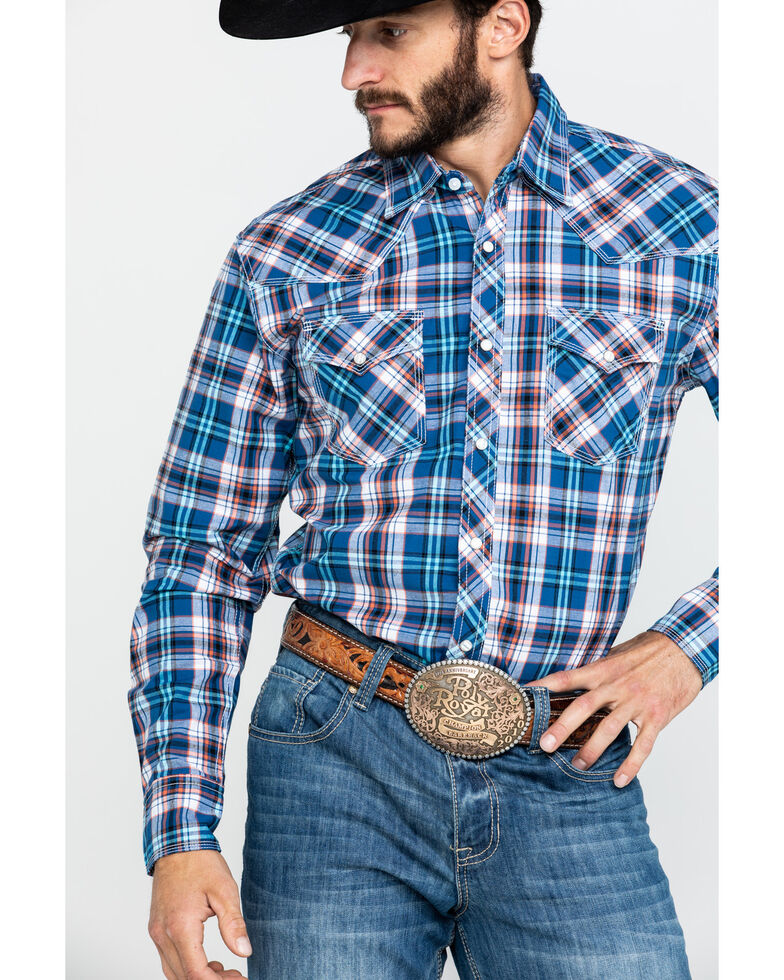 Wrangler 20x Men S Advanced Comfort Navy Med Plaid Long Sleeve