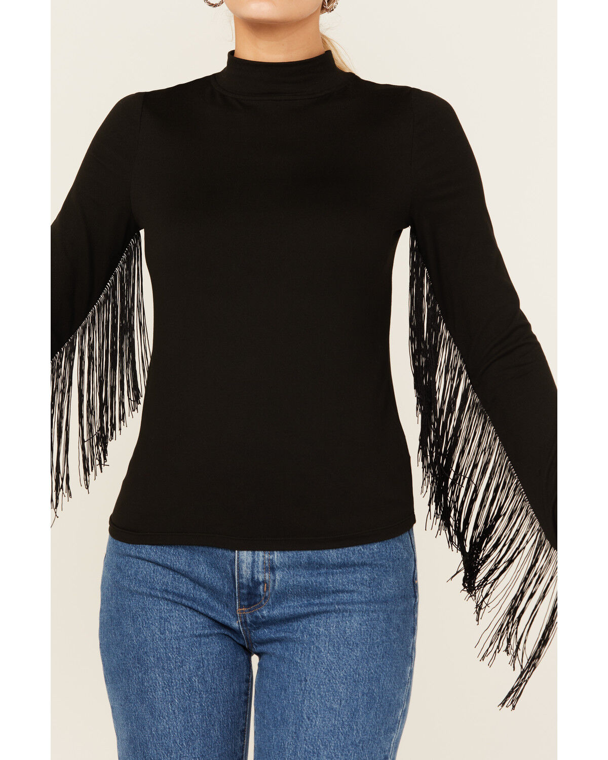 Image #3 - Rock & Roll Denim Women's Solid Fringe Long Sleeve Shirt, Black, hi-res