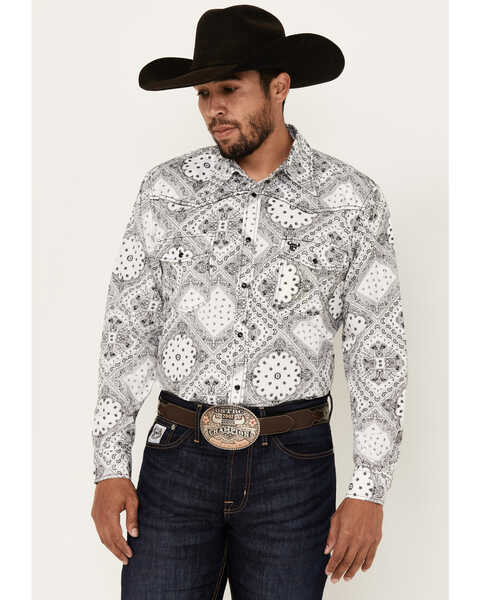 Image #1 - Cowboy Hardware Men's Bandana Print Long Sleeve Pearl Snap Western Shirt , White, hi-res