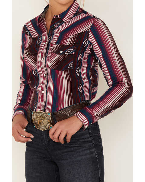 Image #3 - RANK 45® Women's Southwestern Stripe Print Heritage Snap Stretch Western Riding Shirt, Burgundy, hi-res