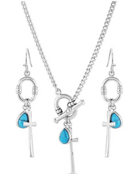 Montana Silversmiths Women's Charms of Faith Turquoise Cross Jewelry Set, Silver, hi-res