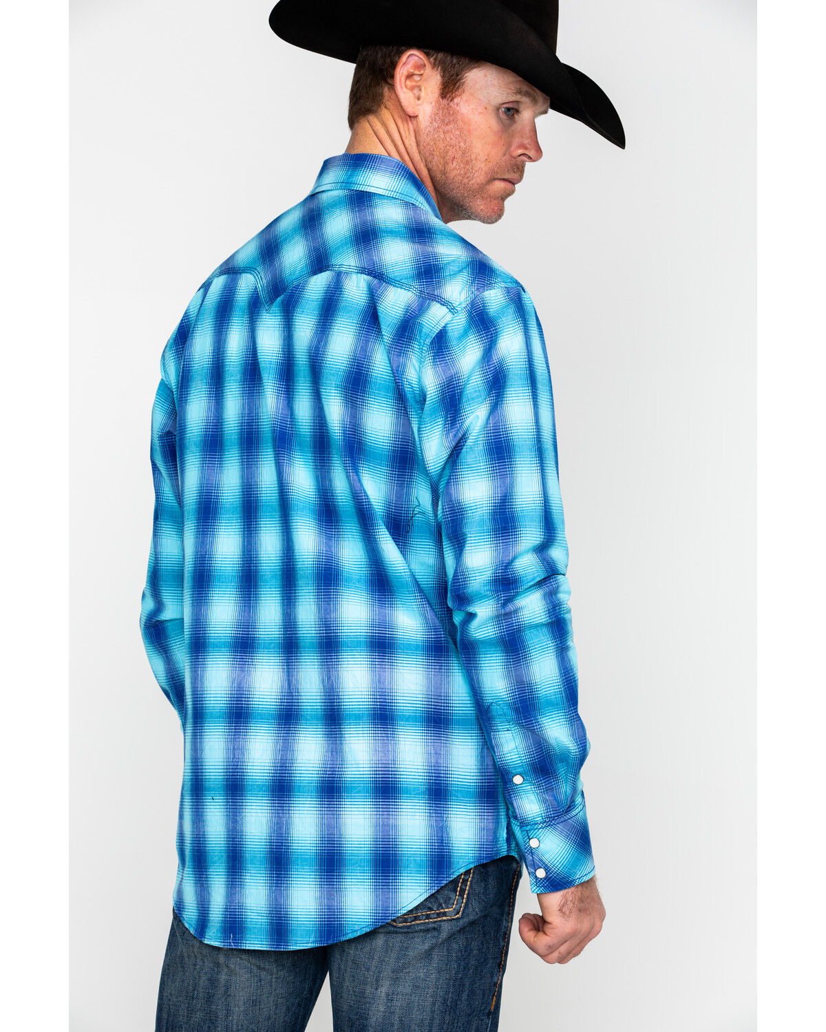 Image #2 - Rock & Roll Denim Men's Crinkle Washed Yarn Dye Plaid Long Sleeve Western Shirt, Blue, hi-res