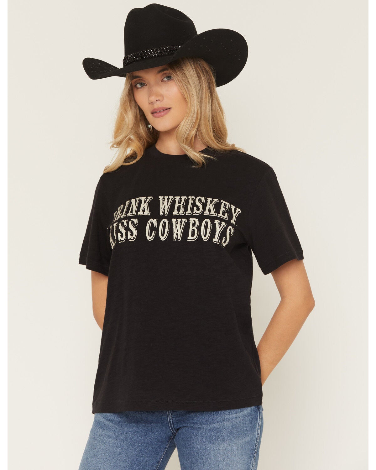 Shyanne Women's Drink Whiskey Kiss Cowboys Short Sleeve Graphic Tee, Black, hi-res
