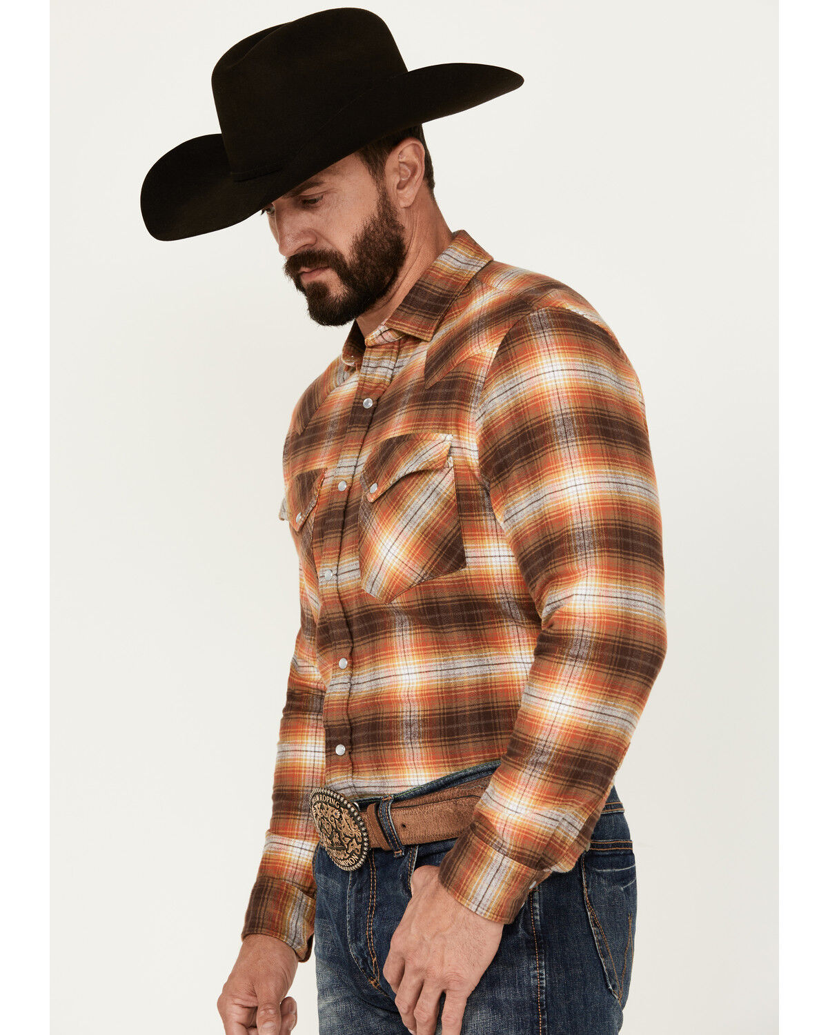 Image #2 - Pendleton Men's Wyatt Plaid Print Long Sleeve Pearl Snap Western Shirt, Coffee, hi-res