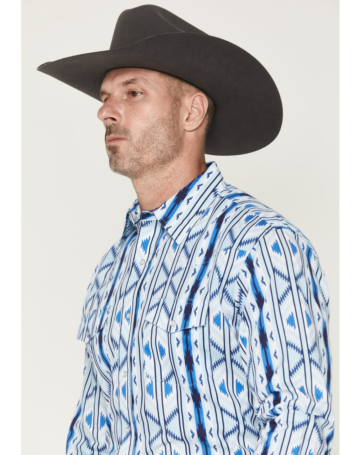 Image #2 - Wrangler Men's Checotah Southwestern Striped Long Sleeve Pearl Snap Western Shirt - Tall, Blue, hi-res
