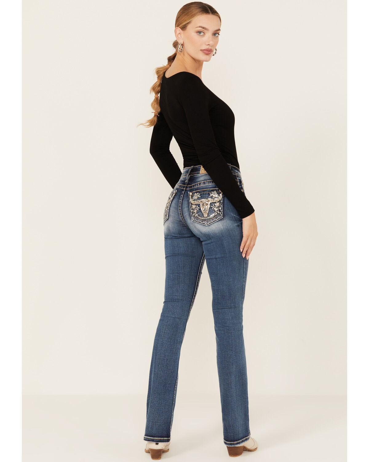 Image #1 - Miss Me Women's Dark Wash Mid Rise Stretch Bootcut Jeans, Dark Wash, hi-res