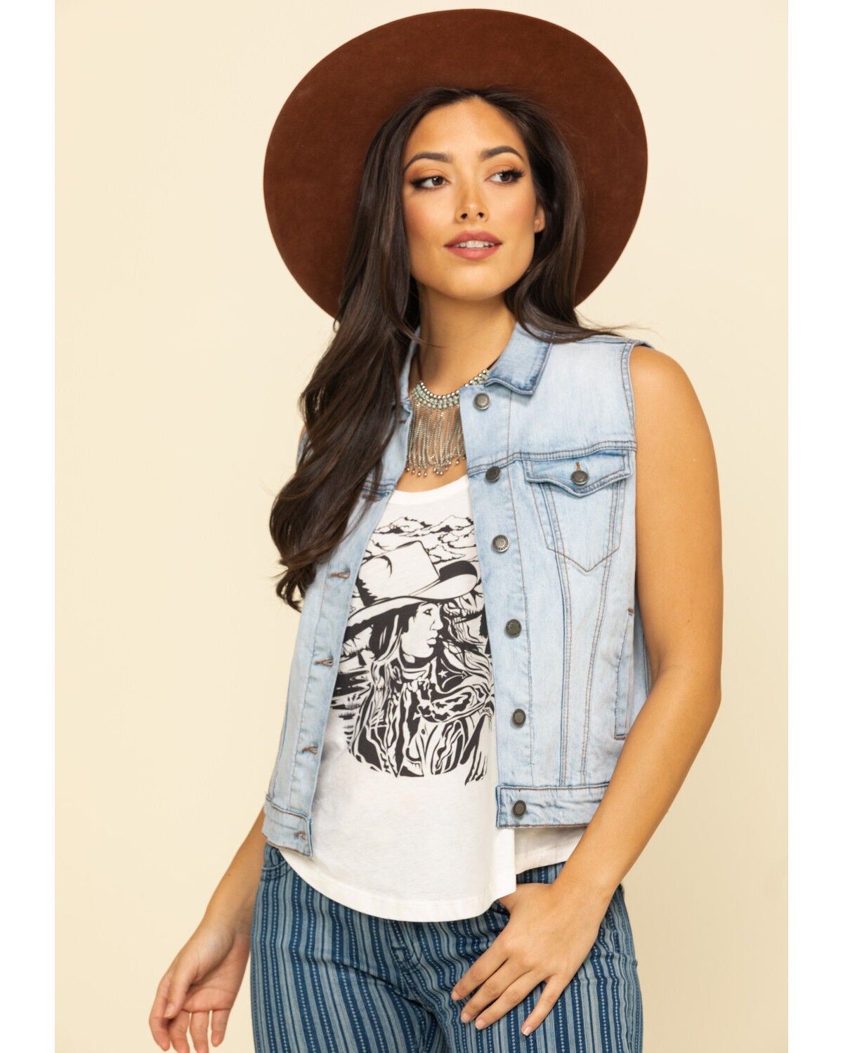 Stetson Women's Light Denim Horseshoe Vest, Blue, hi-res