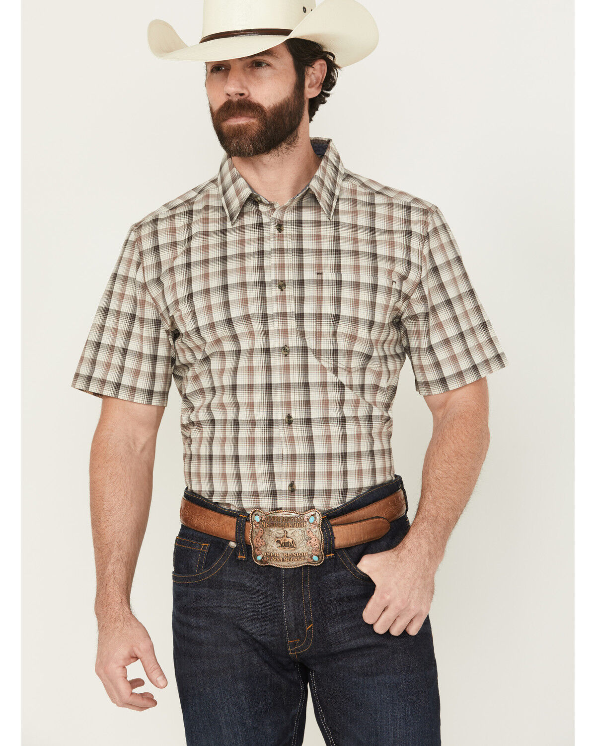 Image #1 - Cody James Men's Summit Plaid Print Short Sleeve Button-Down Stretch Western Shirt, Brown, hi-res