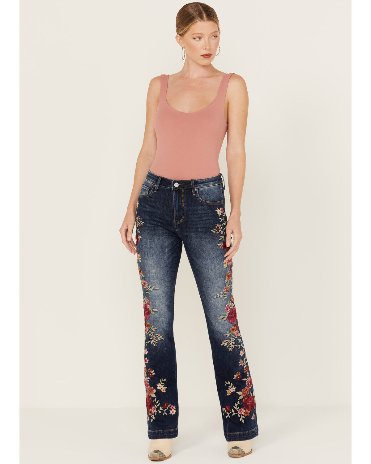 Image #1 - Driftwood Women's Medium Wash High Rise Floral Embroidered Stretch Flare Jeans, Medium Wash, hi-res