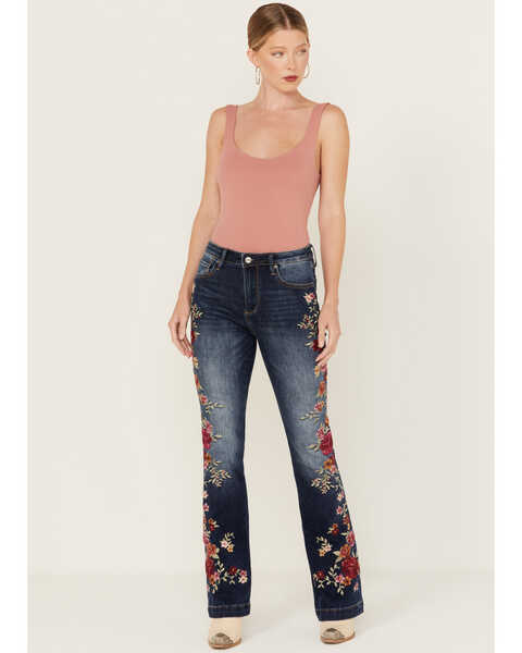 Driftwood Women's Medium Wash High Rise Floral Embroidered Stretch Flare Jeans , Medium Wash, hi-res