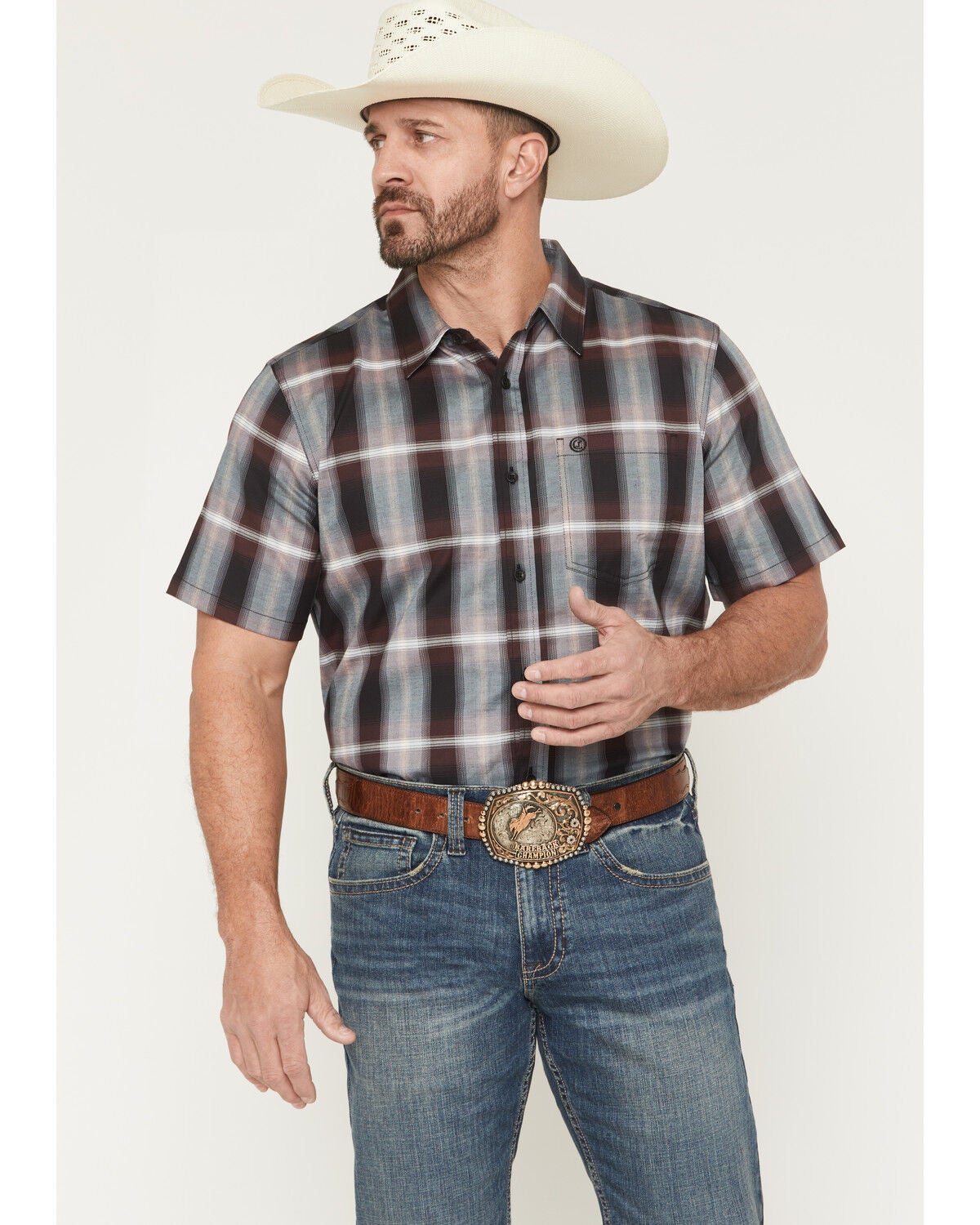 Cody James Men's Bowen Plaid Print Short Sleeve Button-Down Stretch Western Shirt, Purple, hi-res