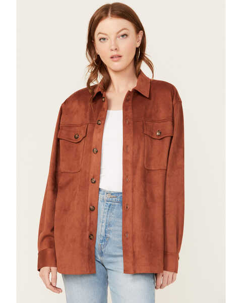 Cleo + Wolf Women's Faux Suede Shacket , Rust Copper, hi-res