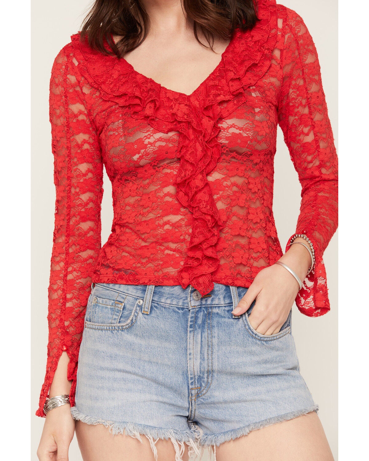 Image #3 - Trixxi Women's Ruffle Front Lace Top, Red, hi-res