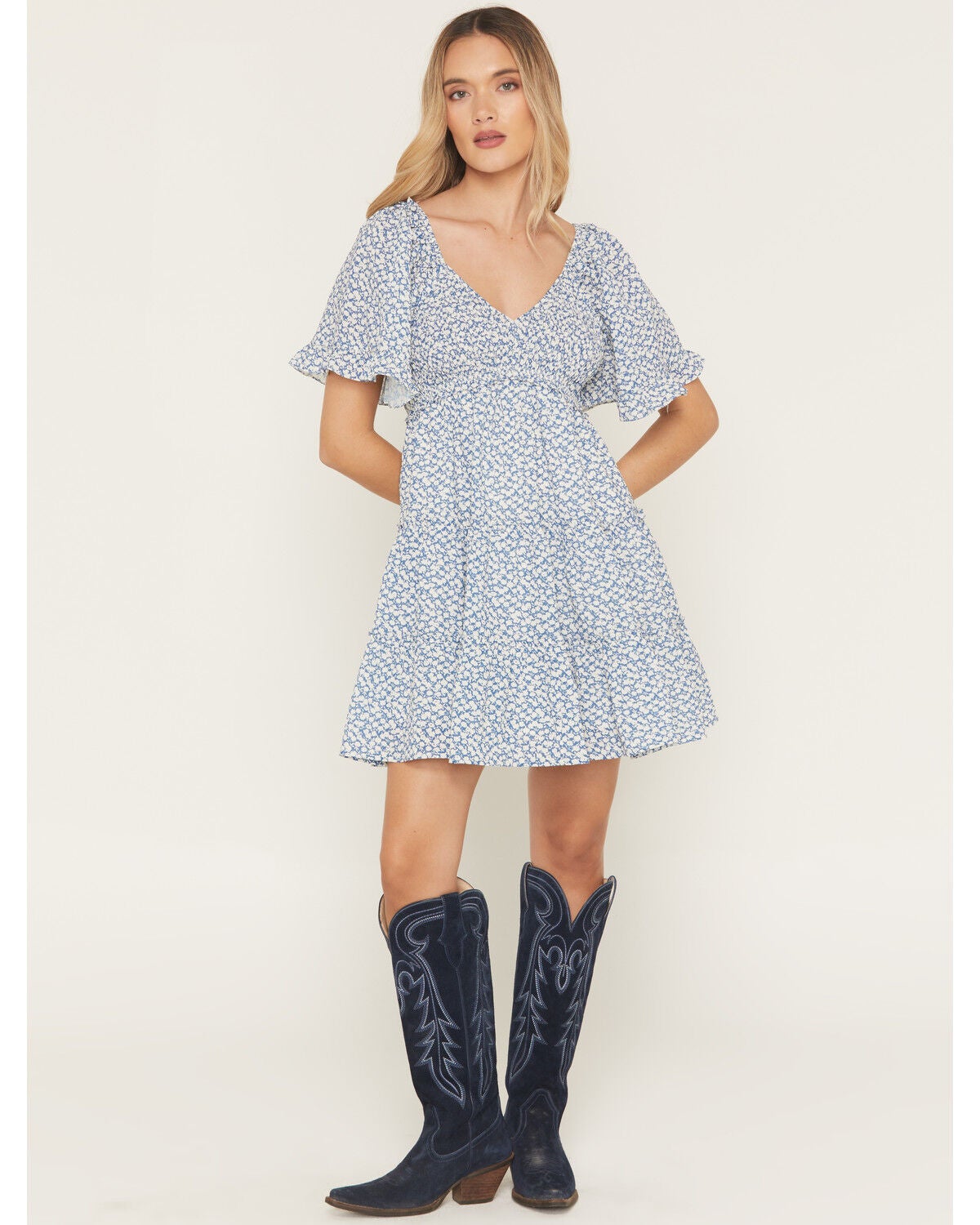 Image #1 - Yura Women's Boot Barn Exclusive Floral Print Smocked Front Tiered Mini Dress, Blue, hi-res