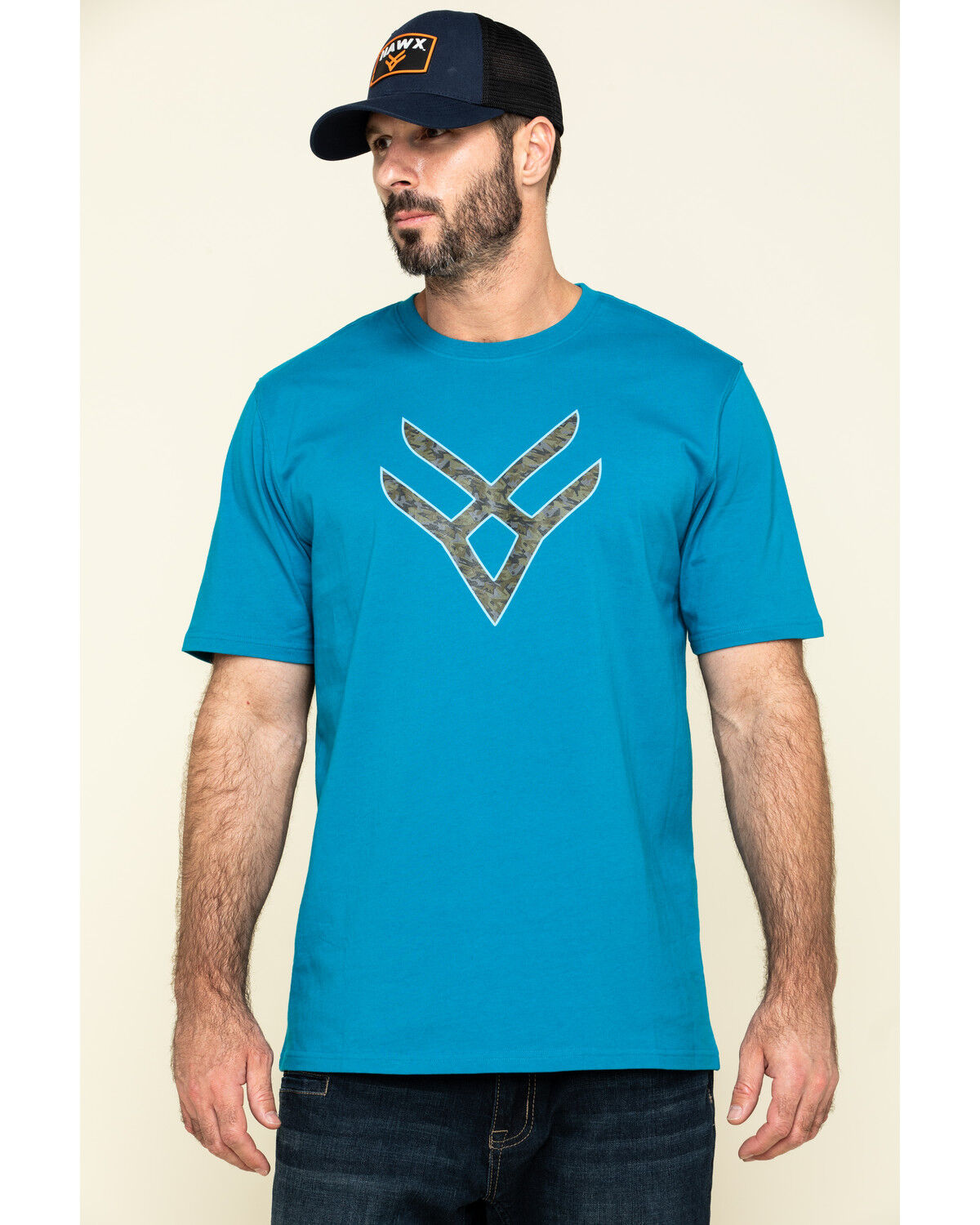 Image #1 - Hawx Men's Teal Fractal Camo Logo Graphic Work T-Shirt, Teal, hi-res