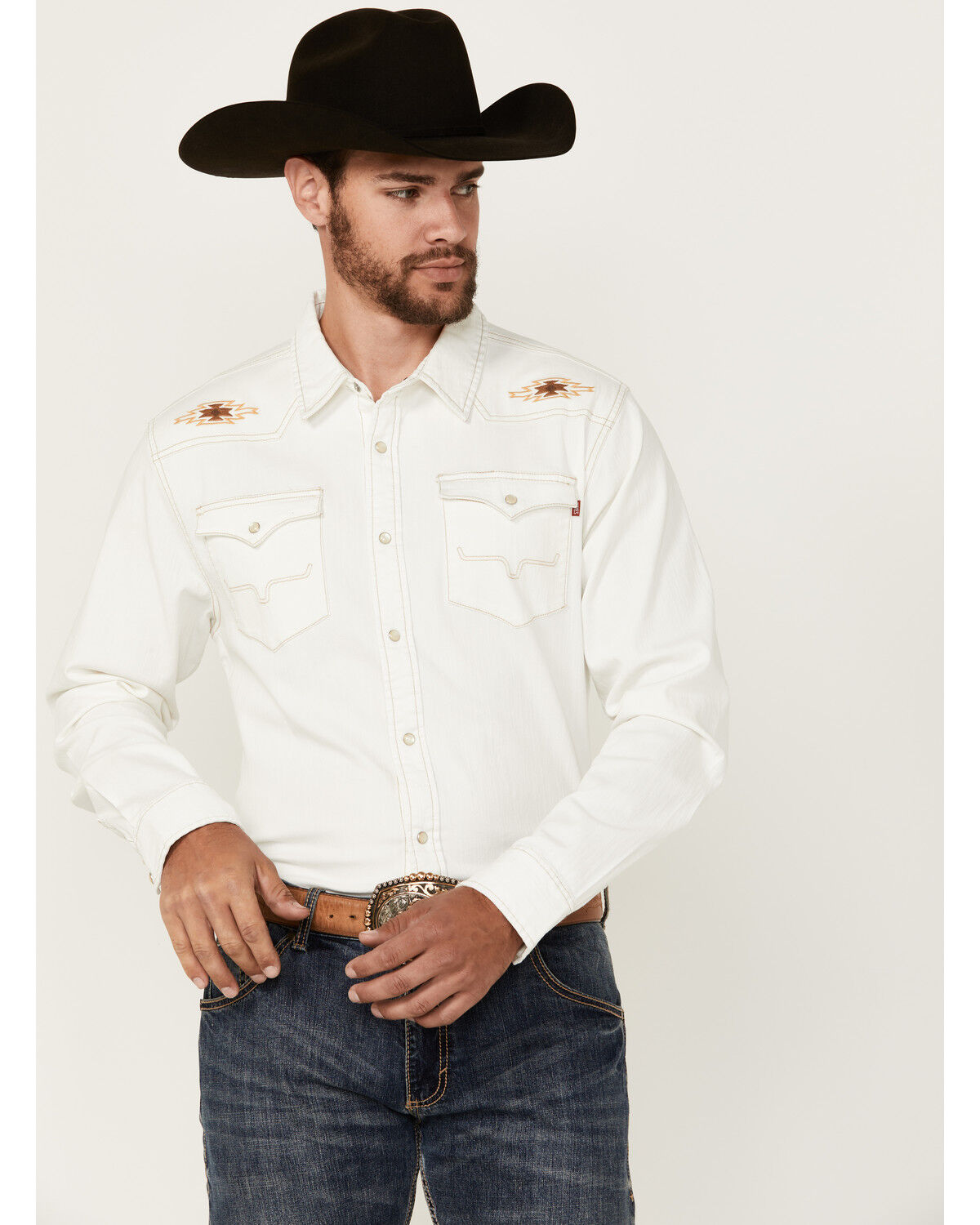 Image #1 - Kimes Ranch Men's Durango Denim Embroidered Long Sleeve Pearl Snap Western Shirt, Natural, hi-res