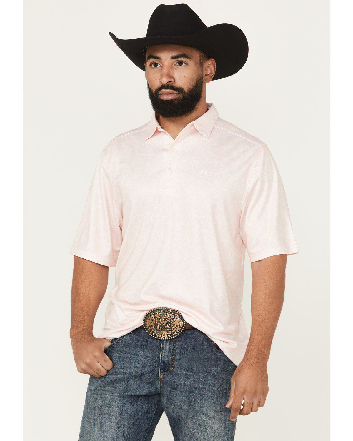 Image #1 - Cinch Men's Paisley Print Short Sleeve Button-Down Polo, Pink, hi-res