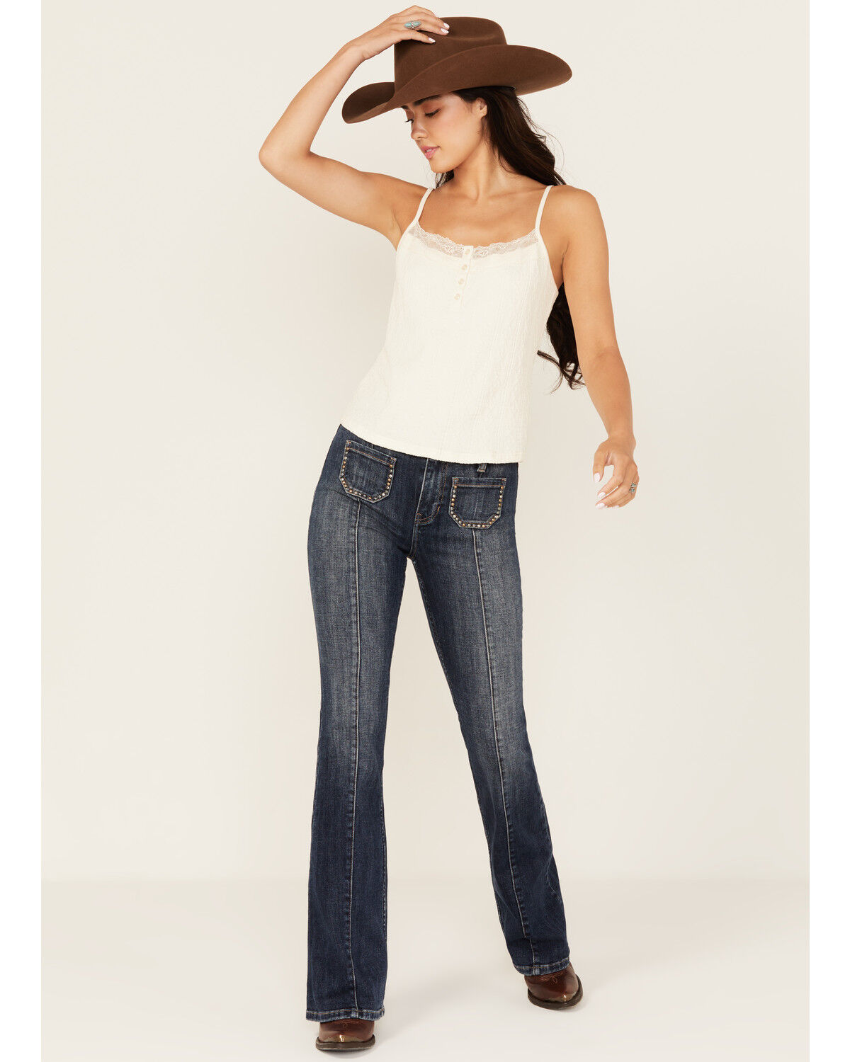 Image #1 - Idyllwind Women's Hadley Dark Wash High Rise Embellished Flare Stretch Denim Jeans, Dark Wash, hi-res