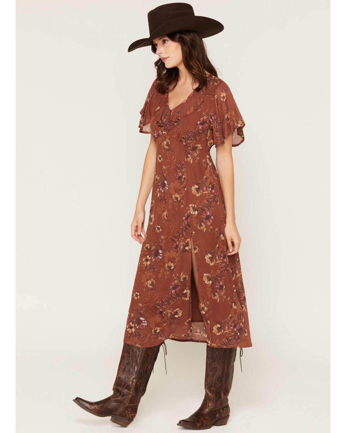 Shyanne Women's Renee Floral Print Short Sleeve Midi Dress, Bark, hi-res