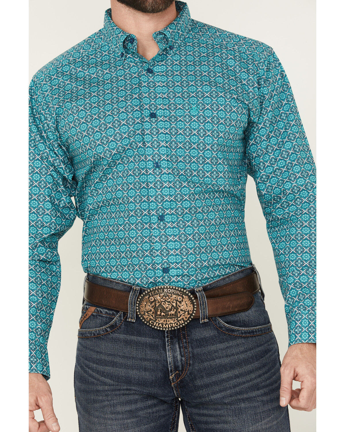 Image #3 - Ariat Men's Jordy Medallion Print Long Sleeve Button-Down Western Shirt, Turquoise, hi-res