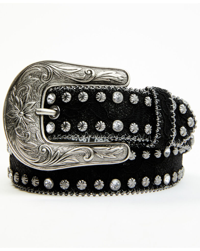Shyanne Girls' Black Lace & Studs Western Belt, Black, hi-res