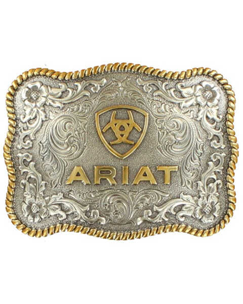 M & F Western Gold & Silver Scalloped Ariat Rope Edge Belt Buckle, Silver, hi-res