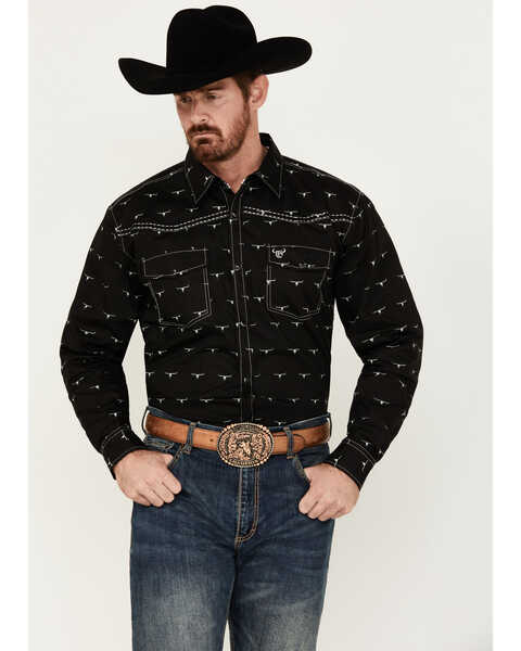 Cowboy Hardware Men's Skull Print Long Sleeve Snap Western Shirt, Black, hi-res