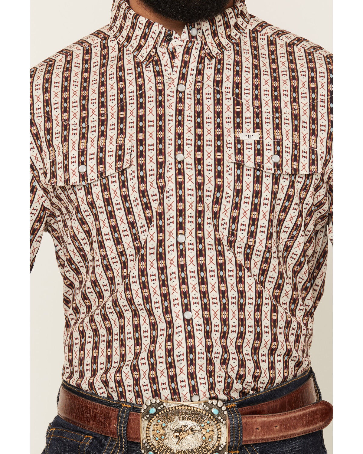 Image #3 - Ferrell Men's Tek Senior Southwestern Striped Print Short Sleeve Snap Performance Western Shirt, Brown, hi-res