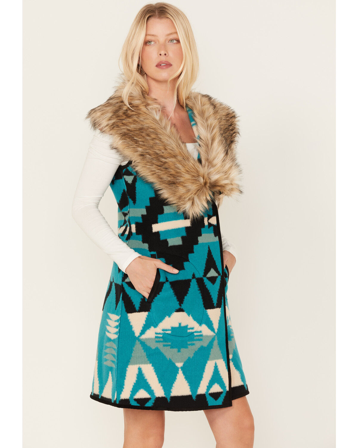 Image #2 - Tasha Polizzi Women's Southwestern Print Faux Fur Old Ranch Vest, Turquoise, hi-res