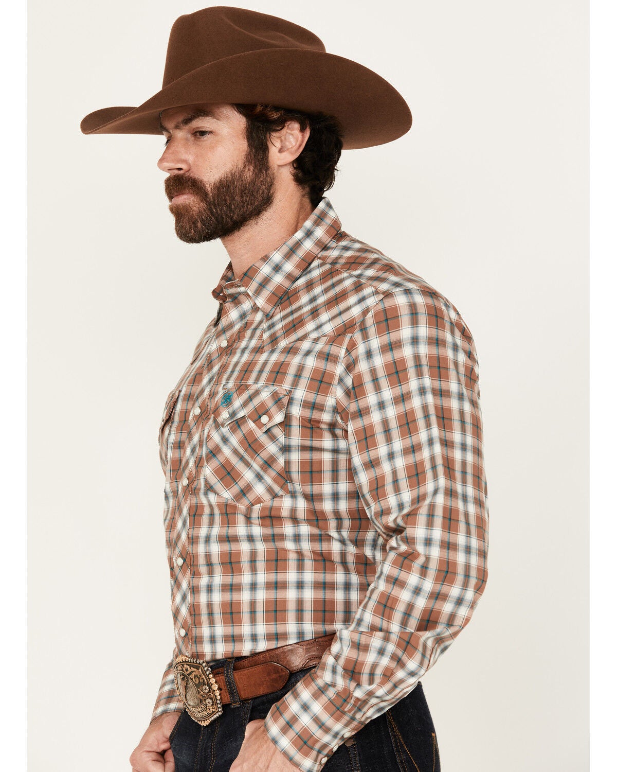 Image #2 - Wrangler Retro Men's Plaid Print Long Sleeve Snap Western Shirt, Brown, hi-res