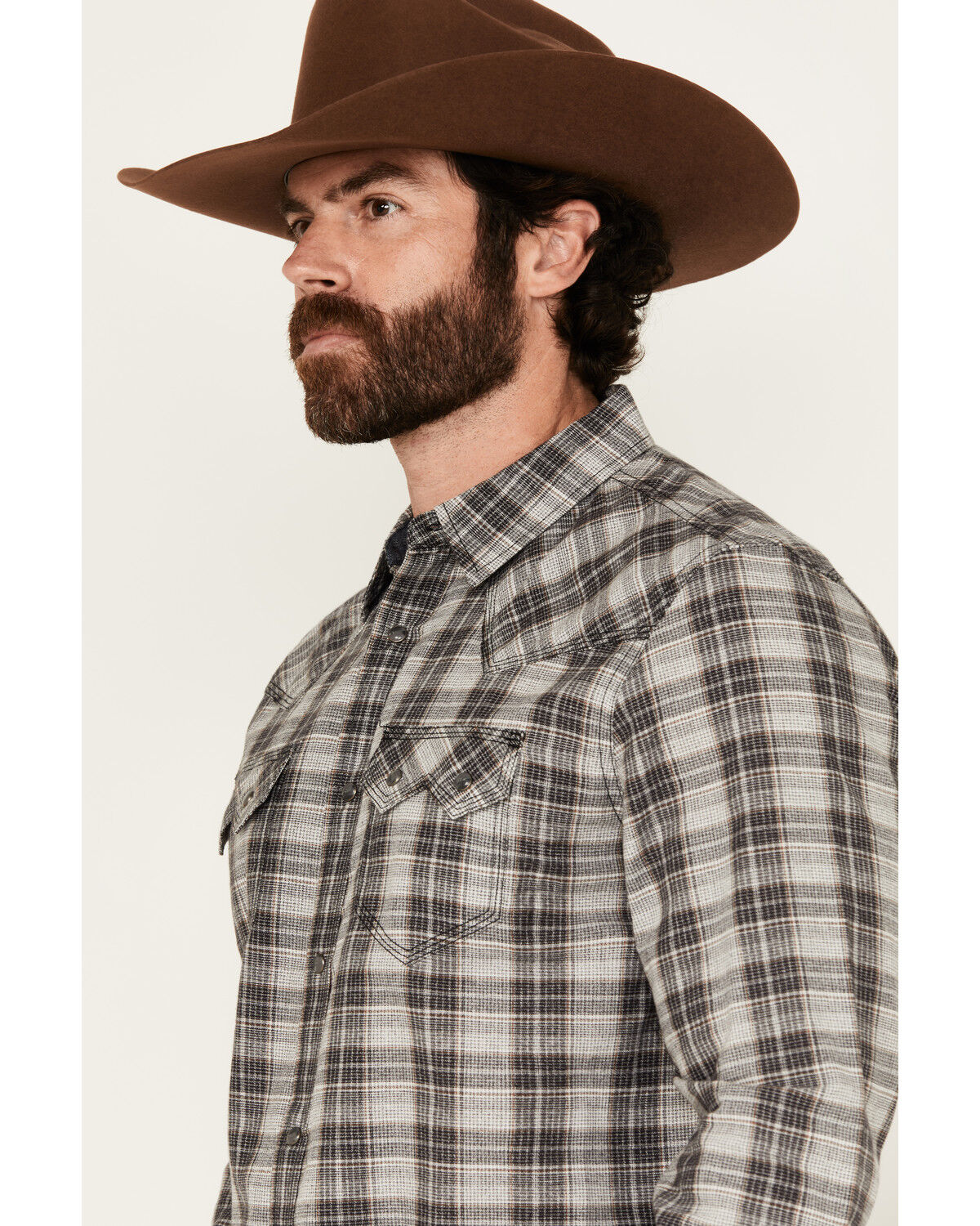 Image #2 - Moonshine Spirit Men's Decibel Plaid Print Long Sleeve Button-Down Western Shirt, Grey, hi-res