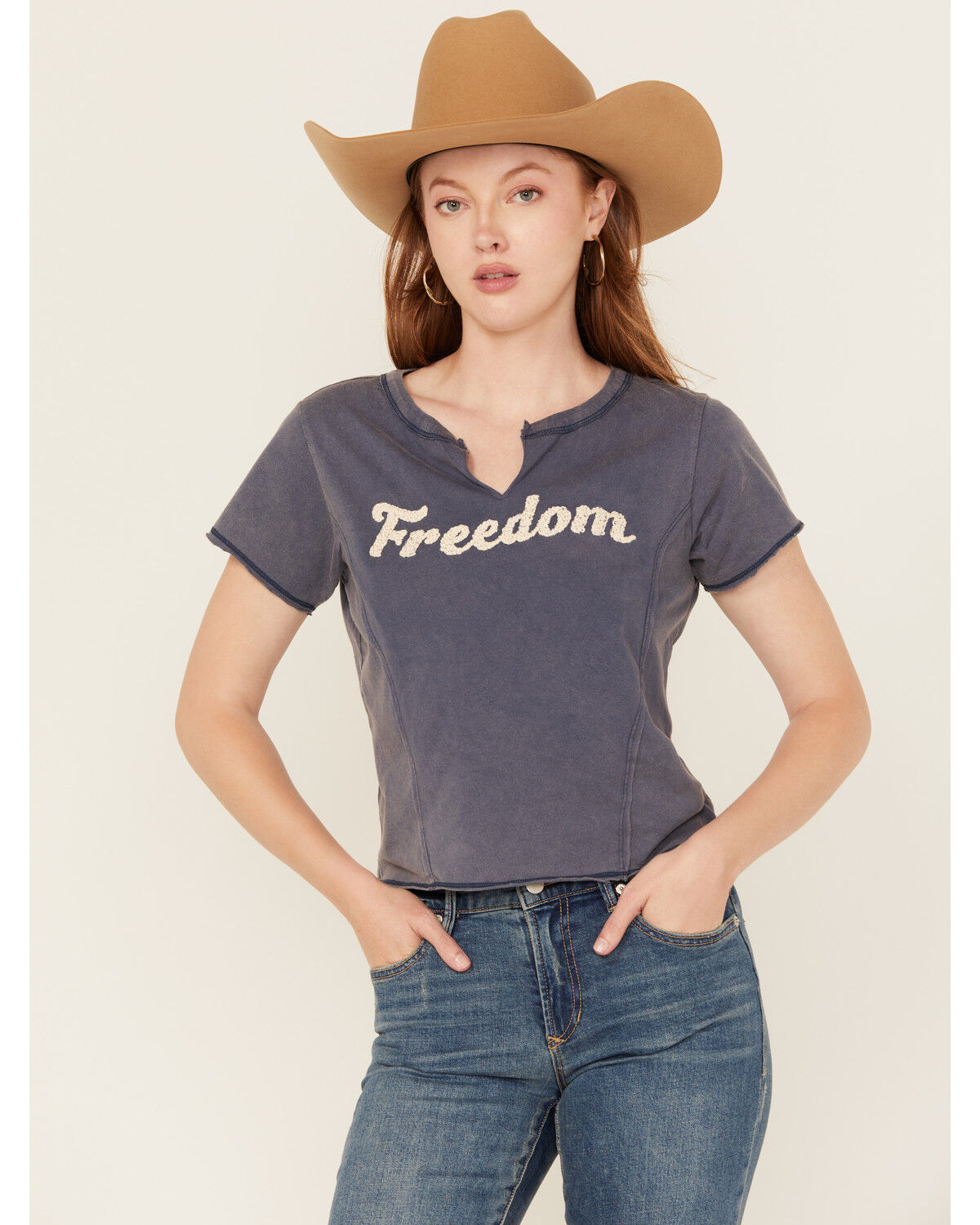 Image #1 - Cleo + Wolf Women's Freedom Short Sleeve Graphic Baby Tee, Navy, hi-res