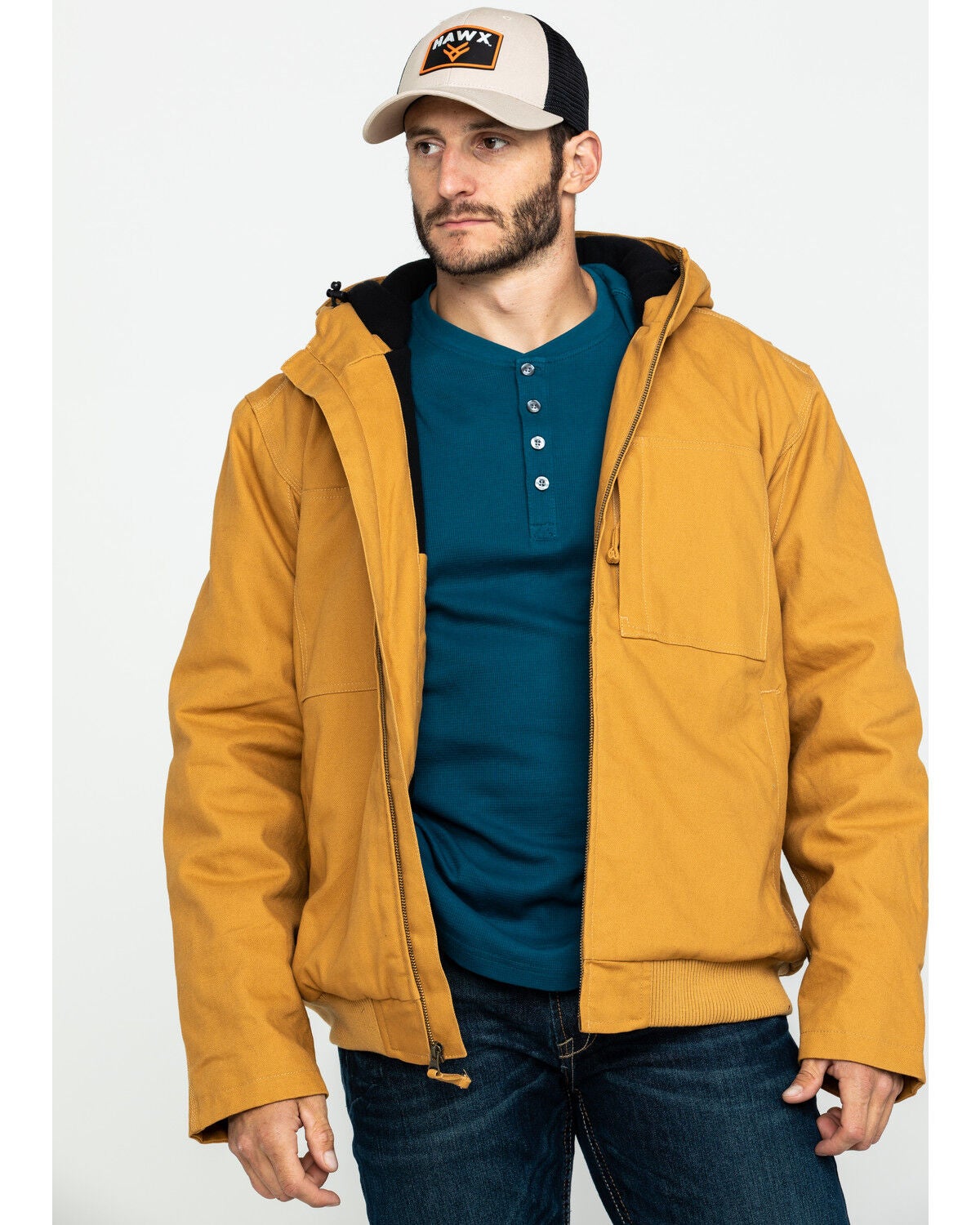 Image #1 - Hawx Men's Brown Canvas Quilted Bi-Swing Hooded Zip Front Work Jacket, , hi-res