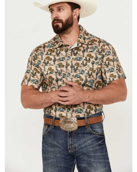 Rock & Roll Denim Men's Cactus Print Stretch Short Sleeve Snap Western Shirt, Tan, hi-res