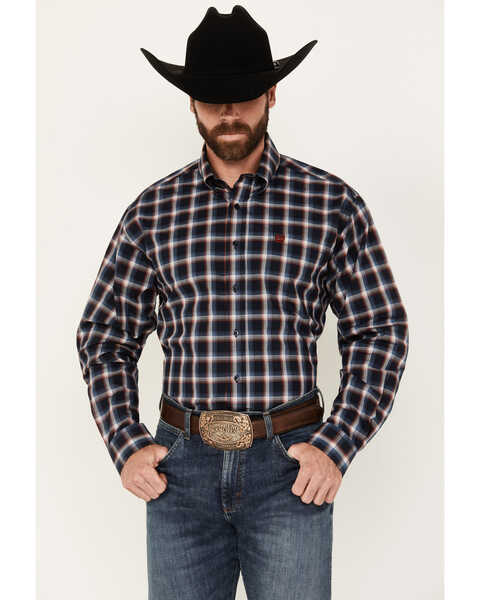 Cinch Men's Plaid Print Long Sleeve Button-Down Western Shirt, Navy, hi-res