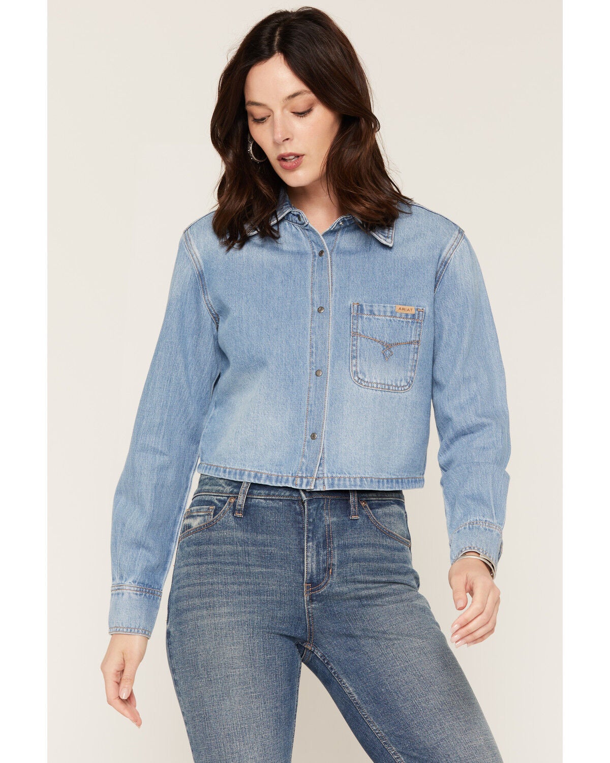 Image #2 - Ariat Women's Alameda Light Wash Long Sleeve Cropped Denim Shirt, Light Wash, hi-res