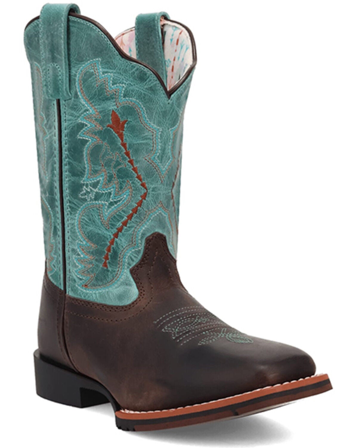 Dan Post Girls' Salina Western Boots - Broad Square Toe, Chocolate/turquoise, hi-res