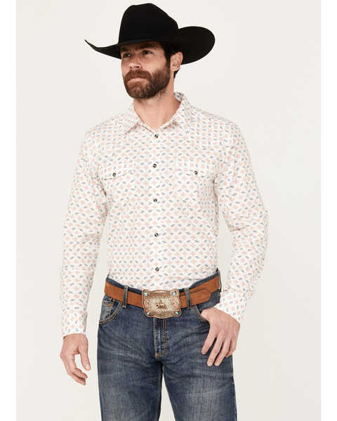 Gibson Trading Co Men's Barbed Wire Geo Print Long Sleeve Western Snap Shirt, White, hi-res
