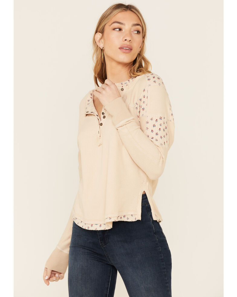 Free People Women's Heart To Heart Long Sleeve Henley Top , Ivory, hi-res