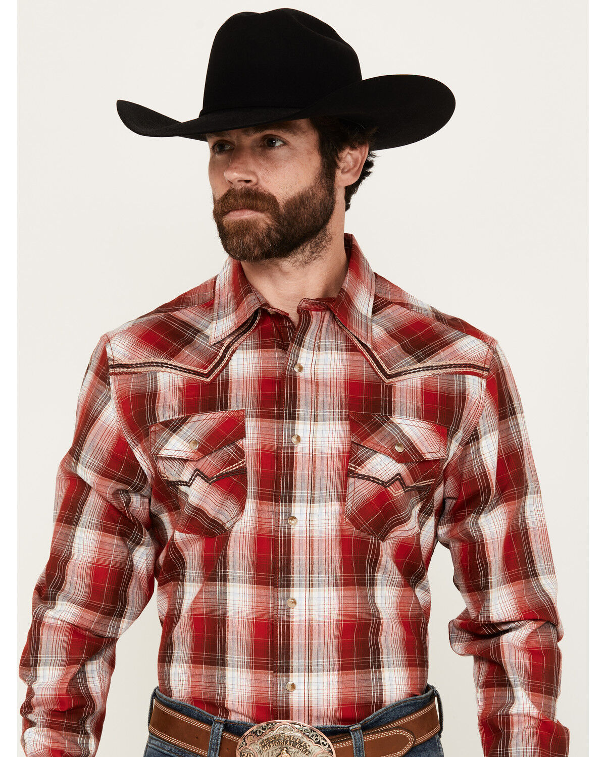 Image #1 - Rock 47 by Wrangler Men's Plaid Print Long Sleeve Snap Western Shirt, Red, hi-res