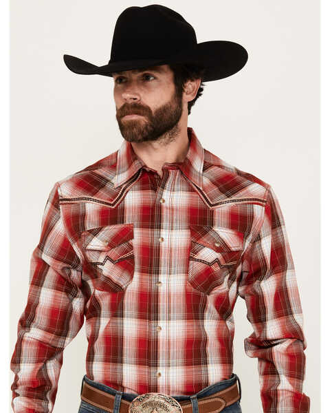 Rock 47 by Wrangler Men's Plaid Print Long Sleeve Snap Western Shirt, Red, hi-res