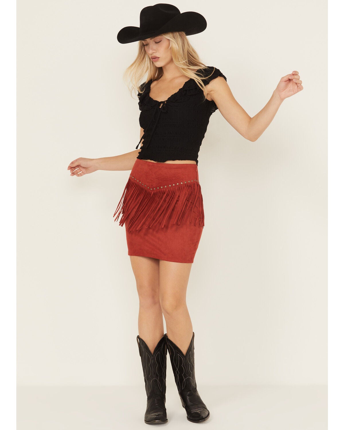 Idyllwind Women's Wylie Studded Fringe Faux Suede Mini Skirt, Chilli, hi-res