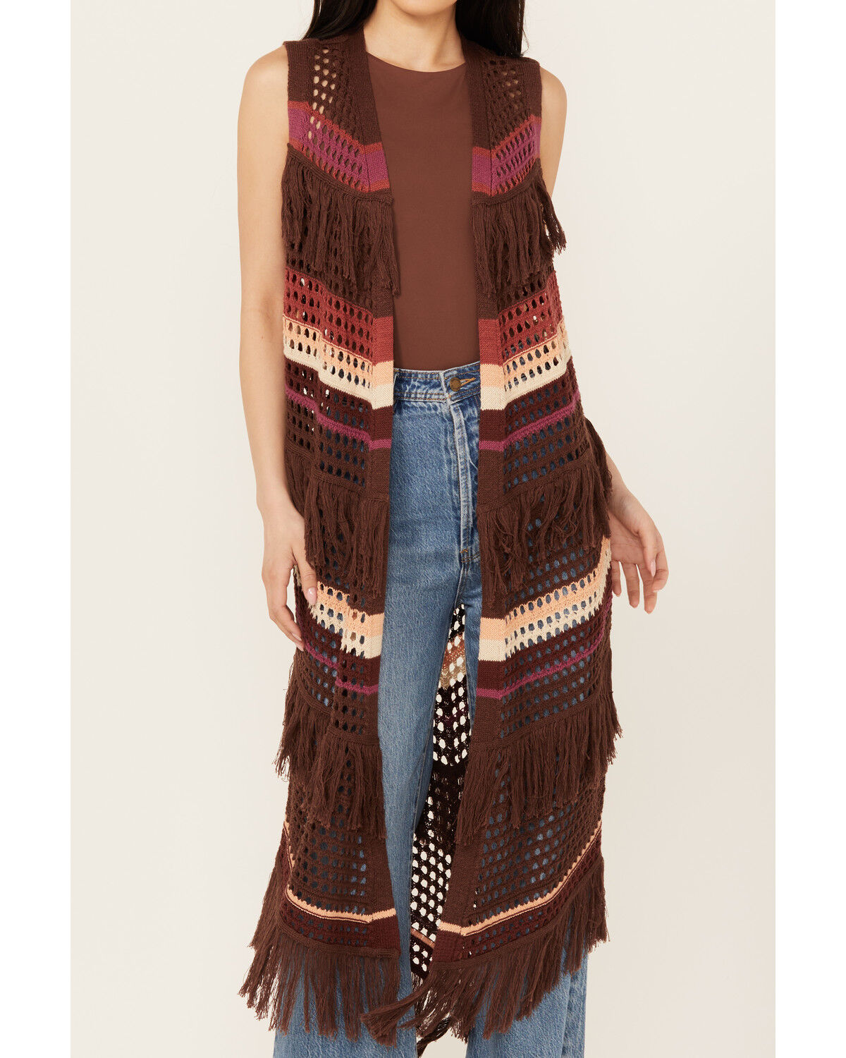 Image #3 - Shyanne Women's Long Striped Crochet Fringe Sweater Vest, Dark Brown, hi-res