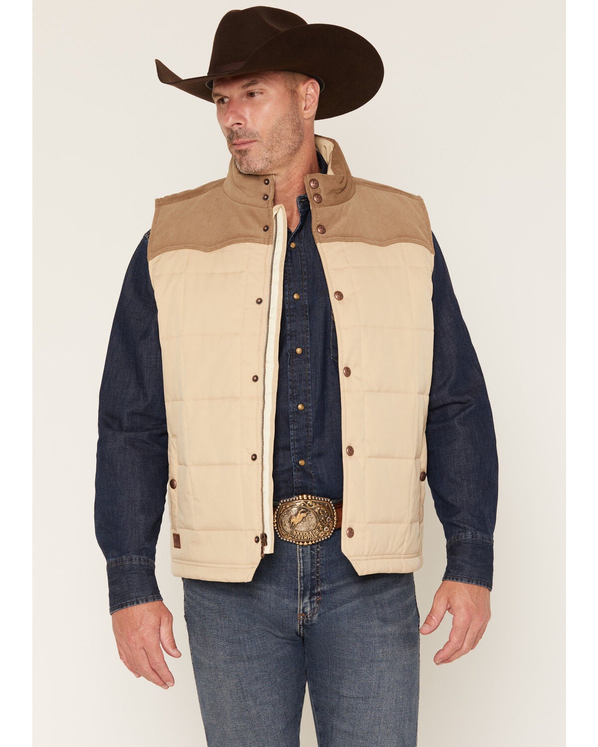 Image #1 - Zach Top X Kimes Ranch Men's Colorblock Corduroy Puffer Vest, Khaki, hi-res