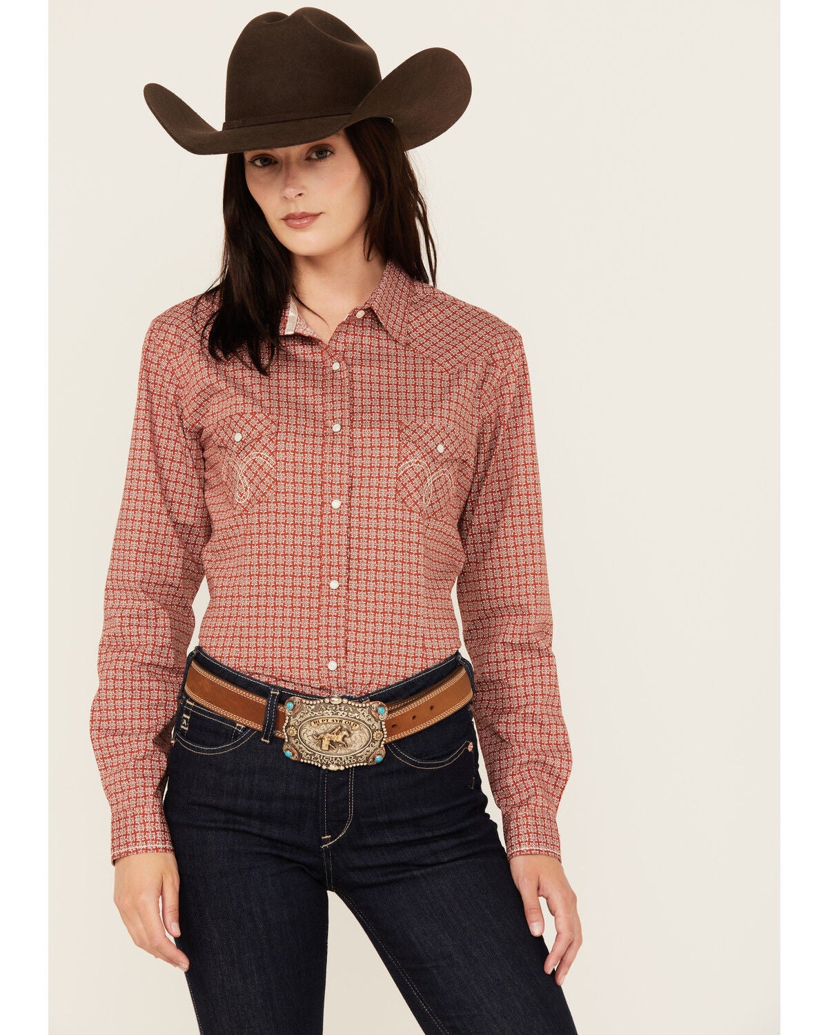 Image #1 - Rough Stock by Panhandle Women's Geo Print Long Sleeve Pearl Snap Stretch Western Shirt, , hi-res