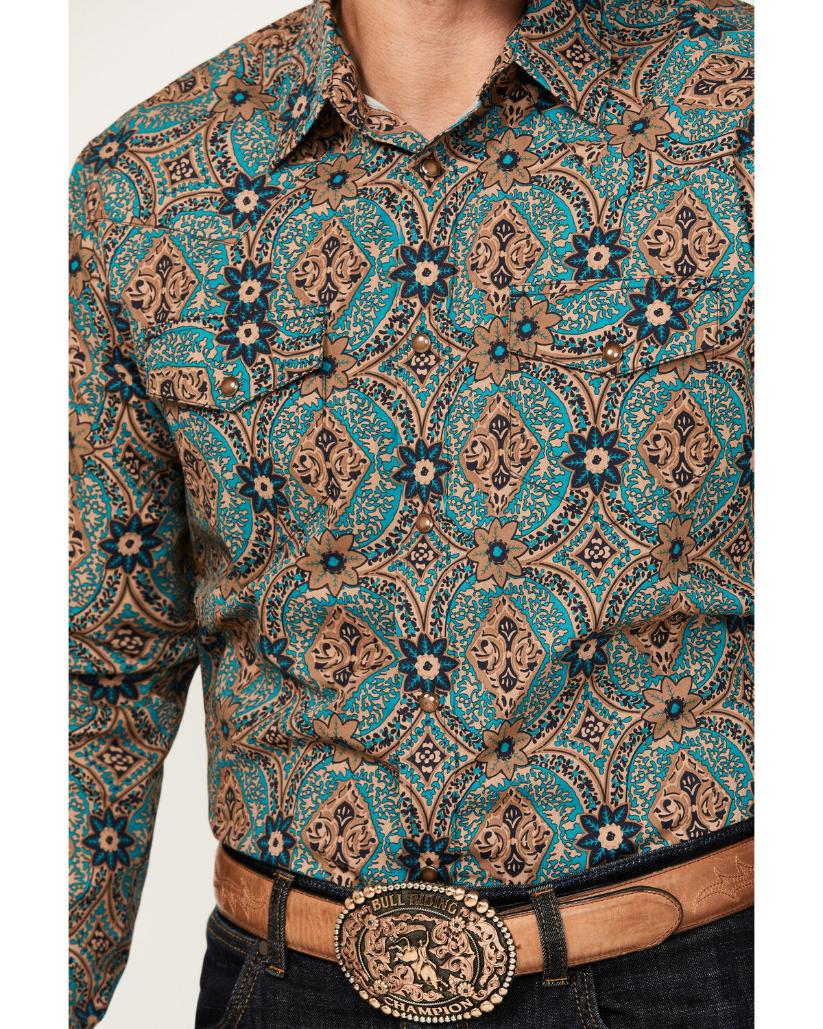 Image #3 - Gibson Trading Co Men's Vagabond Medallion Print Long Sleeve Snap Western Shirt, Teal, hi-res