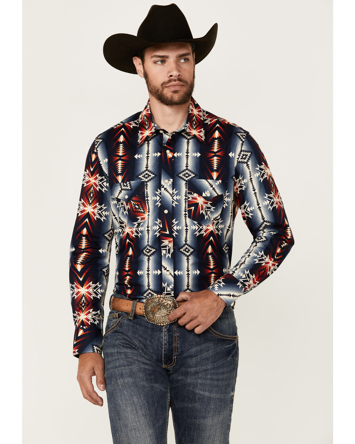 Image #1 - Rock & Roll Denim Men's Southwestern Print Long Sleeve Snap Stretch Western Shirt, Navy, hi-res