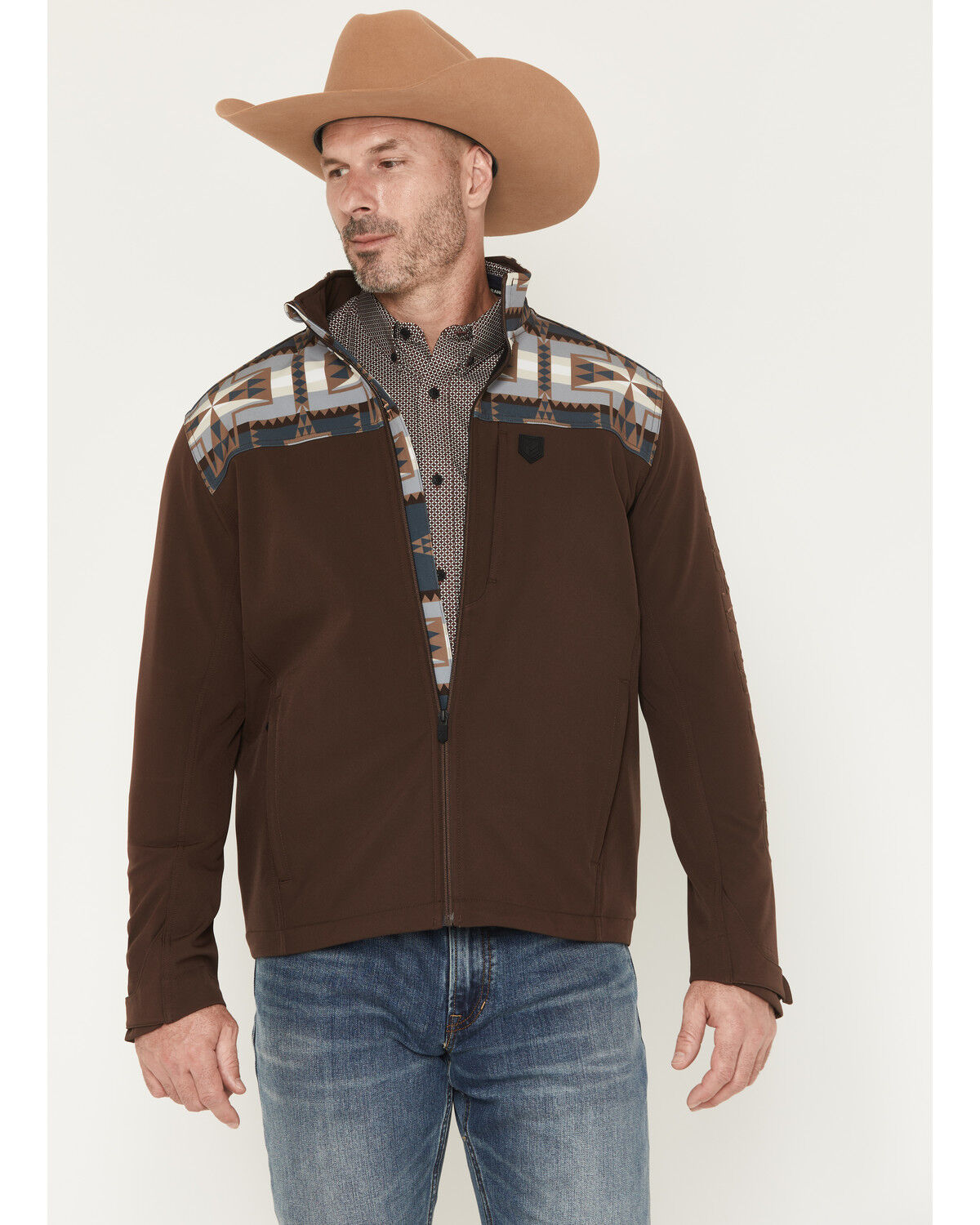 Image #1 - RANK 45® Men's Cheneka 2.0 Colorblock Southwestern Print Softshell Jacket, Brown, hi-res
